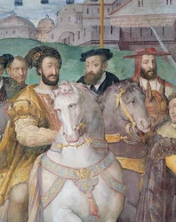 (Detail) Der feierliche Einzug von Kaiser Karl V., Franz I. und Alessandro Farnese in Paris im Jahr 1540, aus der Sala dei Fasti Farnese, 1557-66